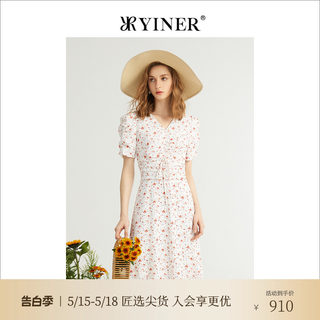 YINER音儿女装夏季法式碎花V领连衣裙白色收腰a字裙