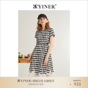 格子a字裙蕾丝拼接连衣裙 YINER音儿女装 夏季