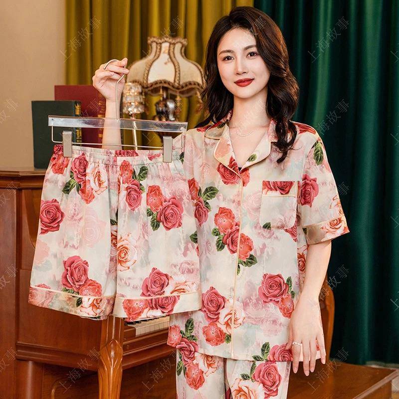 冰雪丝睡衣女短袖长裤短裤三件套丝绸印花仿真丝家居服