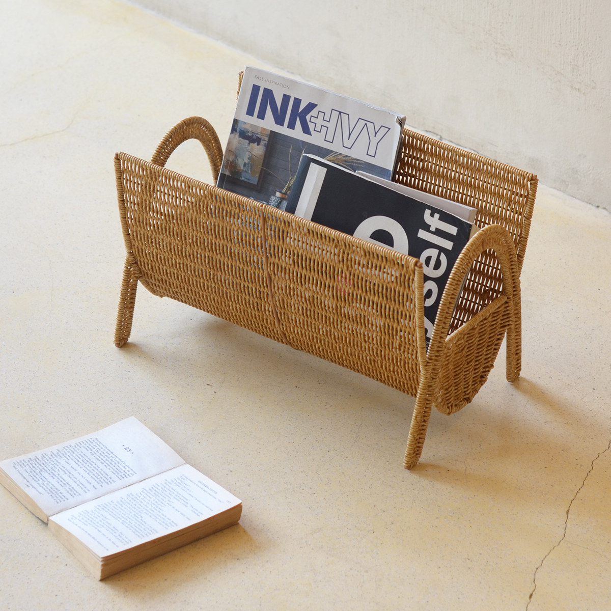 oakliving手工编织杂志架书报客厅落地小书架仿藤轻奢书本收纳架