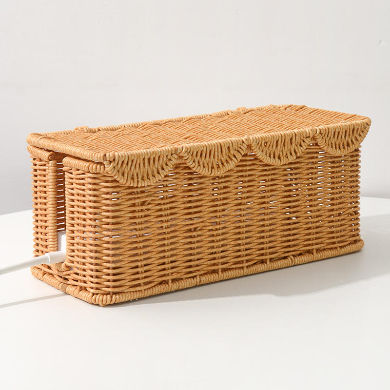 oakliving仿藤编收纳篮长方形简约收纳盒带盖家用插座收纳排插