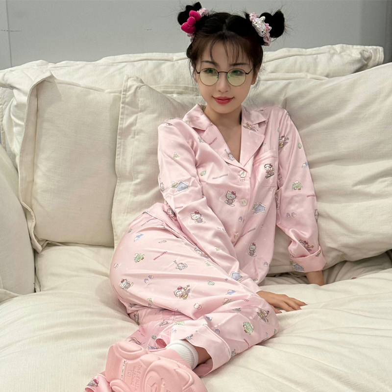 虞书欣明星同款粉红色凯蒂猫印花睡衣女春秋季甜美可爱家居服套装