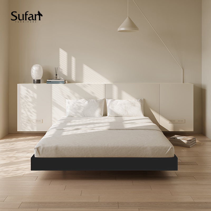 舒梵简约百搭无床头全实木悬浮床