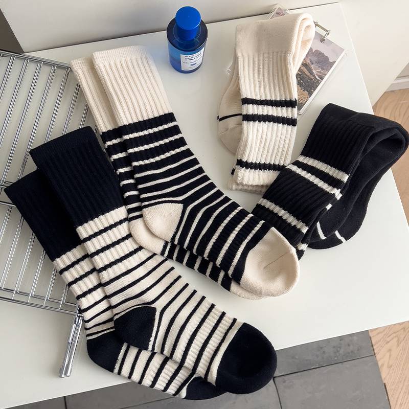 春秋条纹袜子棉袜保暖中筒