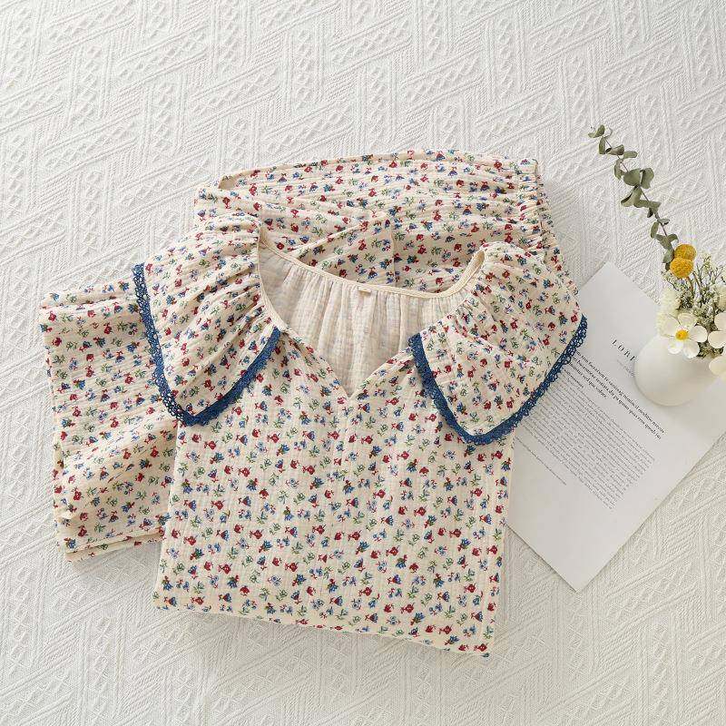 纯棉纱布睡衣女士绉布套装双层纱布荷叶领长袖长裤家居服女套装,女士内衣/男士内衣/家居服,睡袍/浴袍,淘宝优惠券,粉丝福利购,淘宝优惠卷