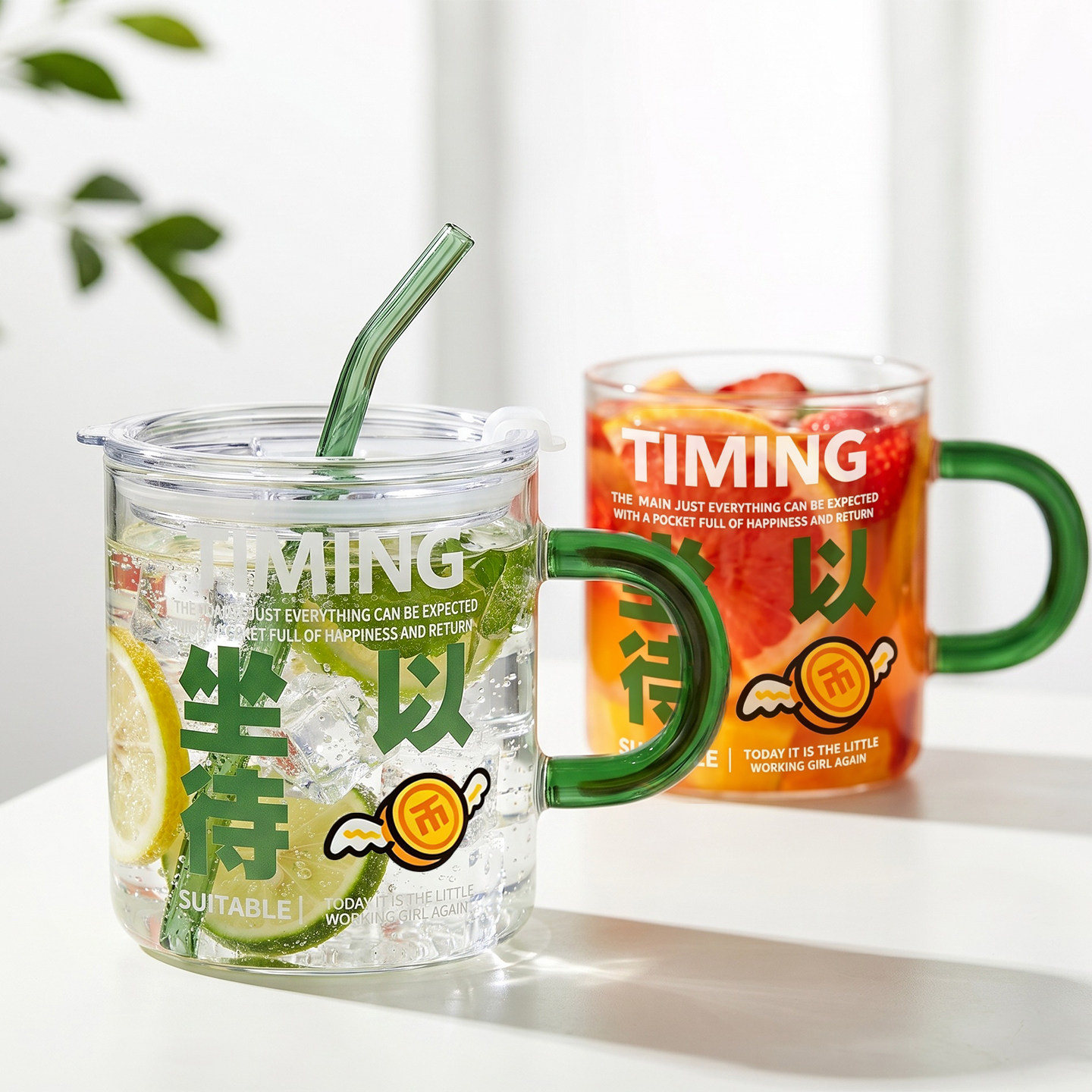 大容量玻璃水杯带把ins风吸管杯图片