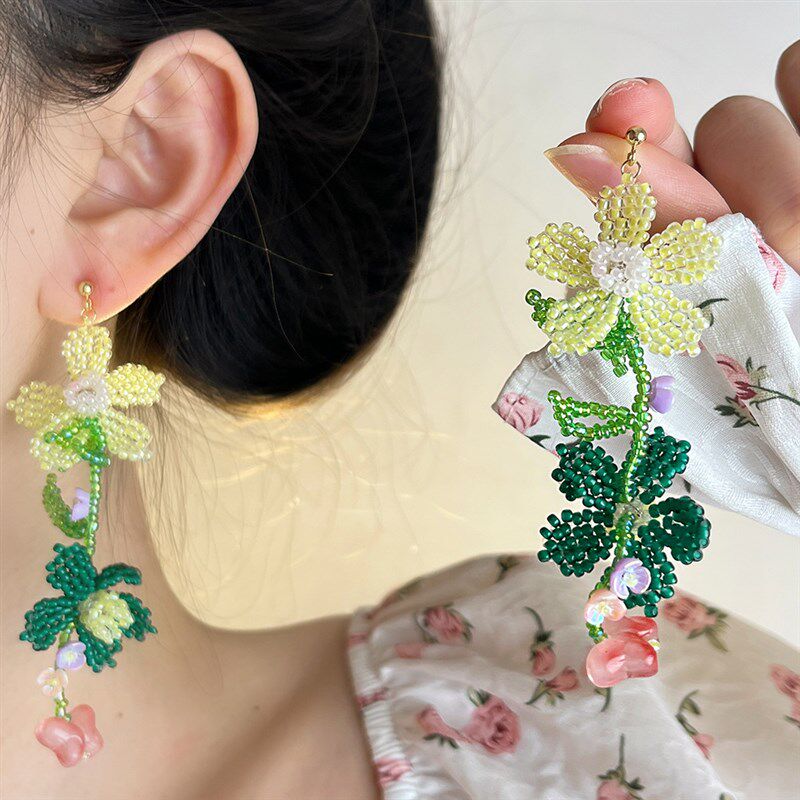 现货小众手工编织米珠花朵流苏耳环少女心K甜美耳钉耳坠春季小清
