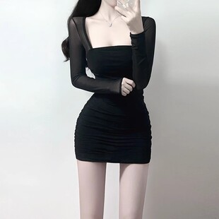 速发短色风衣内搭网妈小纱包臀黑裙性感纯欲紧身打底连衣裙秋冬配