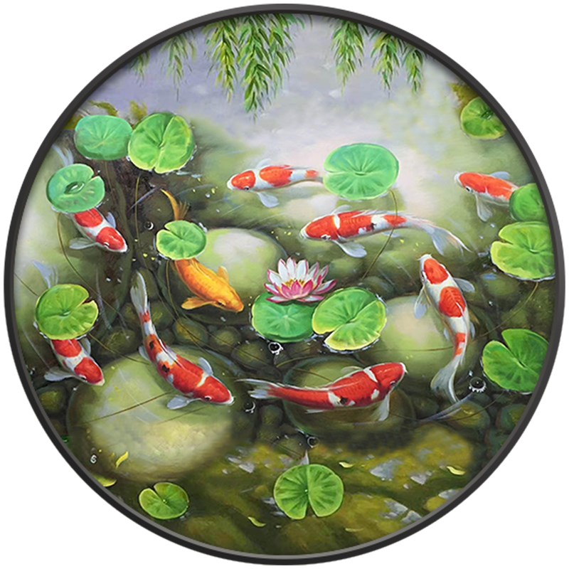 速发新中式手绘油画玄关装饰画客厅墙画走廊过道圆形挂画九鱼图油图片