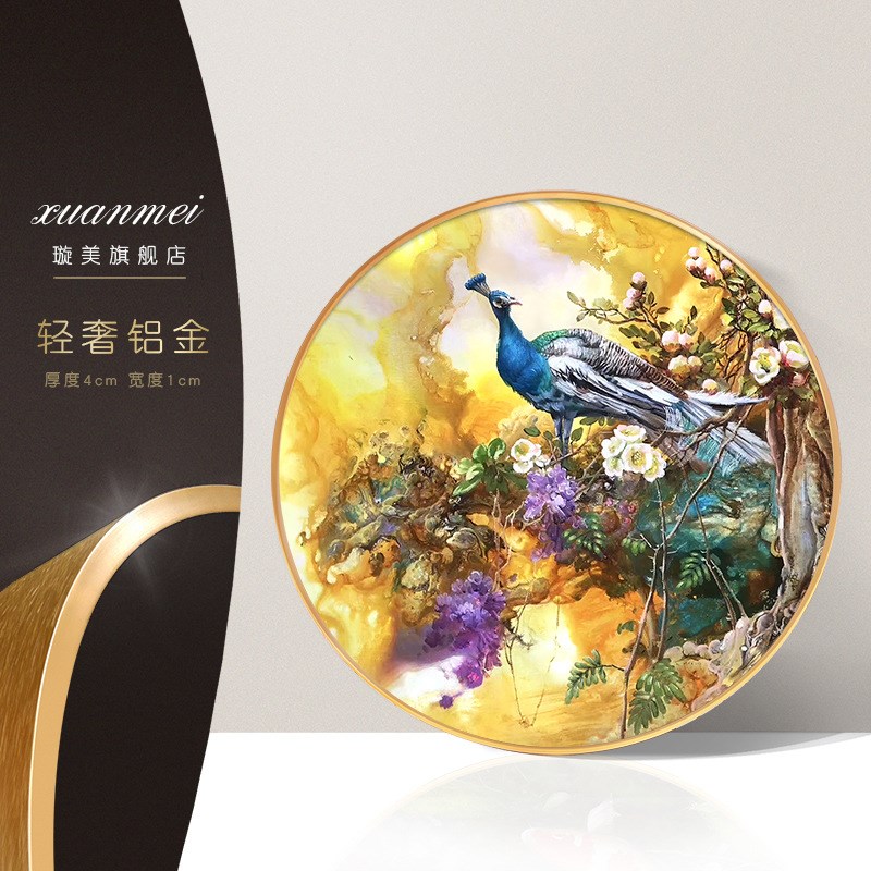速发入户玄关装饰画新中式挂画走廊画轻奢圆形框客厅壁画孔雀油画图片