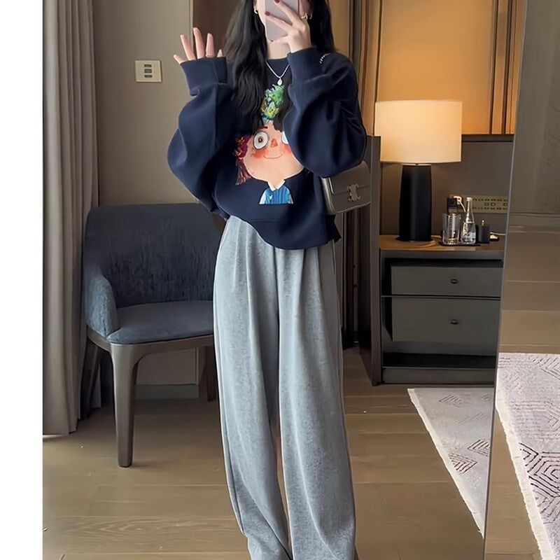 速发高级裤花秋时尚套装慵懒风印早套头卫衣休闲感穿搭一整套