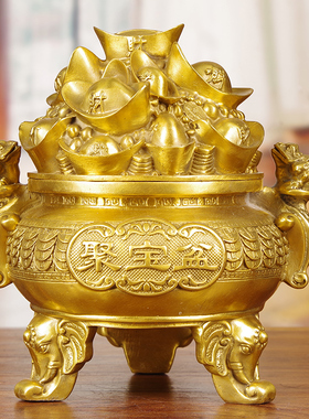 速发黄铜聚宝盆摆件金蟾招财客厅办公室店铺工财存聚罐铜钱艺品