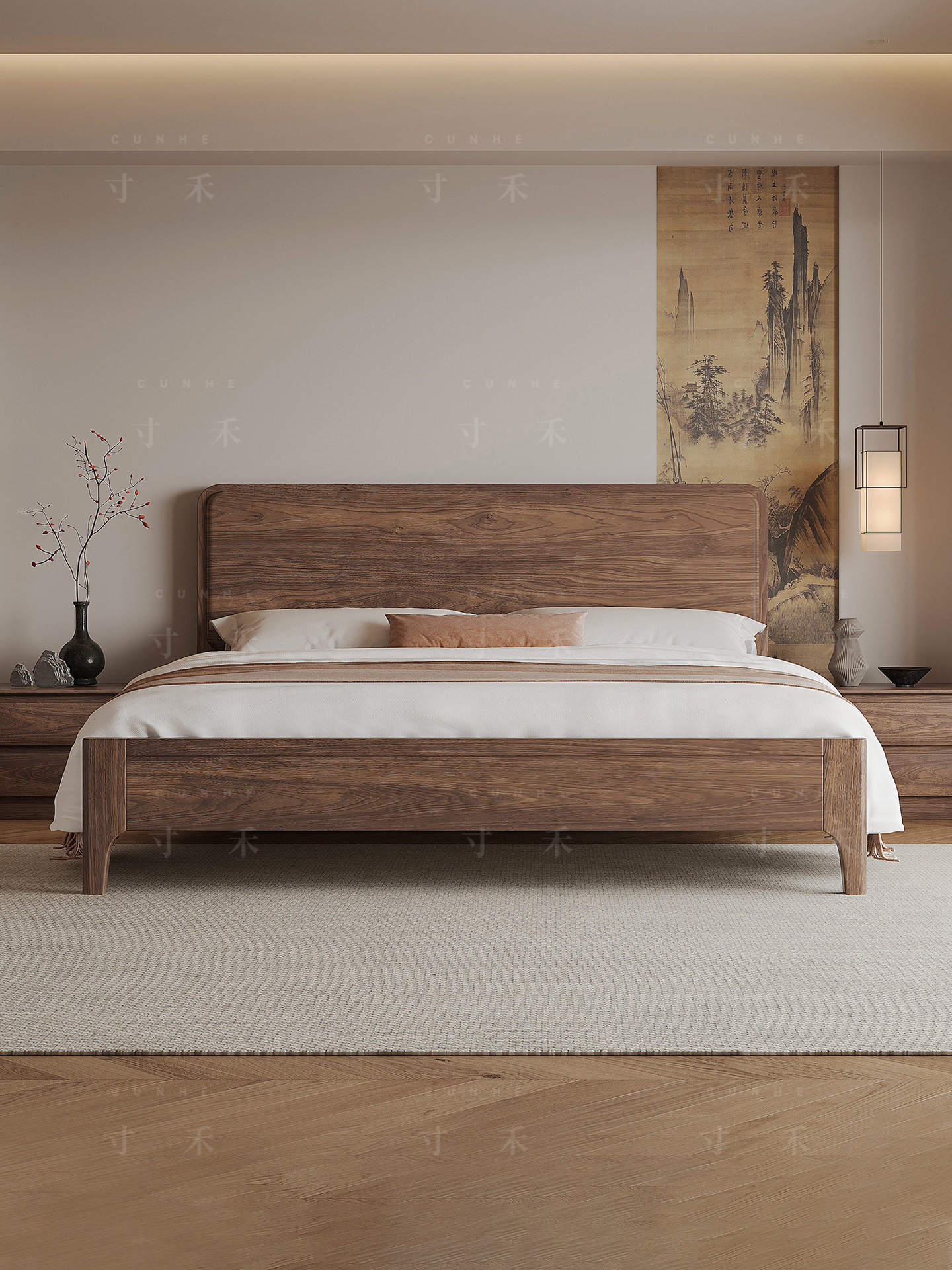 宋式美学黑胡桃木实木双人.米床家用主卧高端大气婚床新款