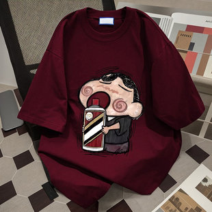 上衣服 t恤男日系宽松酒红色圆领半袖 超大码 300斤卡通蜡笔小新短袖