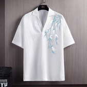潮胖子宽松休闲设计感五分袖 新中式 加肥大码 t恤男夏季 V领冰丝短袖