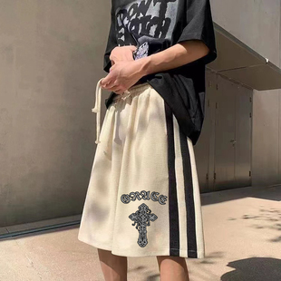 高级感华夫格十字架短裤男宽松直筒夏季薄款韩版凉感五分松紧裤子