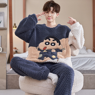全棉纯棉蜡笔小新珊瑚绒男款睡衣秋冬季青少年加绒加厚家居服