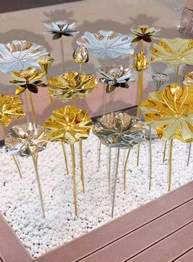 不锈钢荷花落地雕塑摆件户外酒店水池水景铁艺荷叶金属中式装饰品