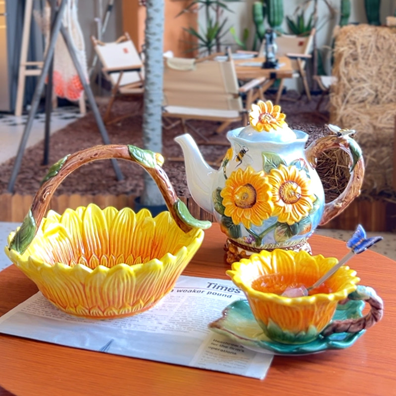 太阳花陶瓷提篮装干果零食下午茶摆件创意家居装饰品餐厅茶几客厅,家居饰品,果盘/果篓,淘宝优惠券,粉丝福利购,淘宝优惠卷