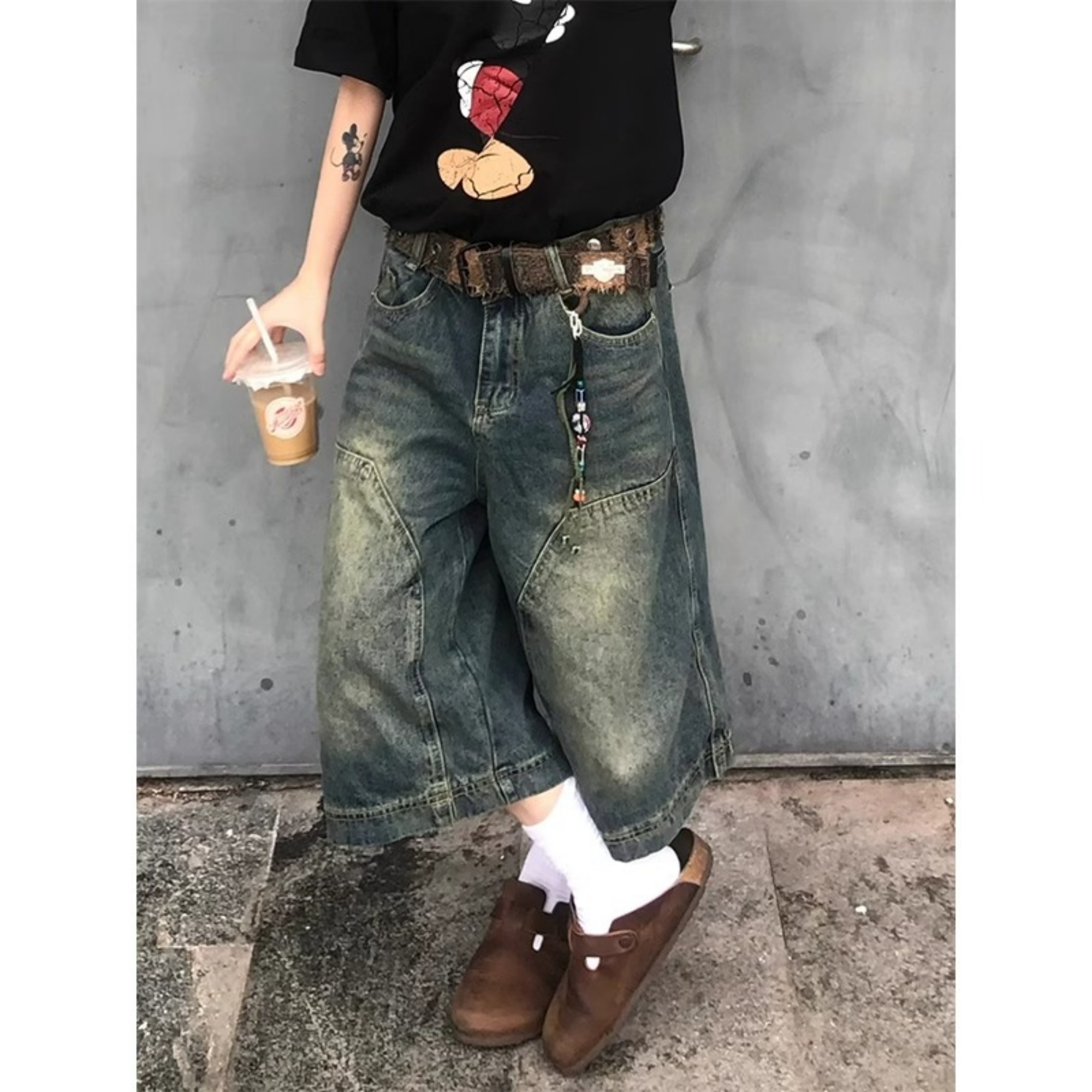 美式街头复古牛仔短裤男女夏季新款宽松水洗做旧阔腿七分裤子中裤