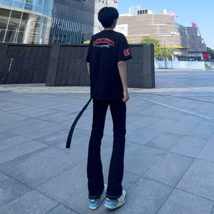 高街弯刀微喇裤 黑色飘带牛仔裤 美式 高个子显高vibe修身 男春秋新款