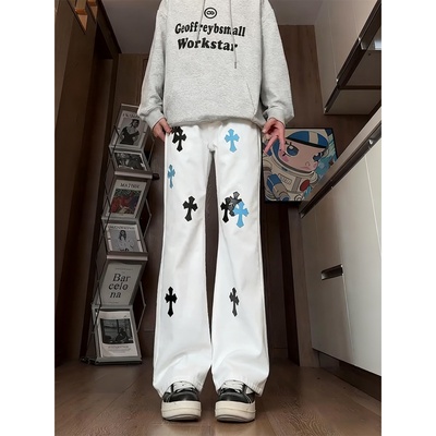 美式高街十字架刺绣牛仔裤男款