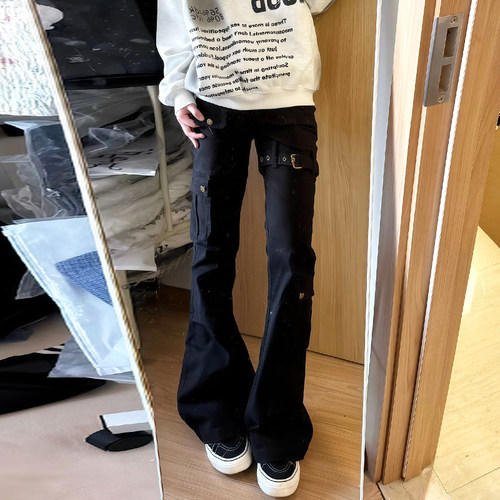 黑色绑带微喇牛仔裤男款