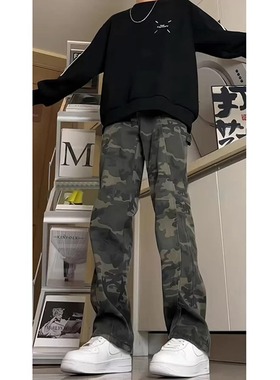 美式vintage伐木迷彩牛仔裤男款春秋季新款vibe高街工装休闲裤子