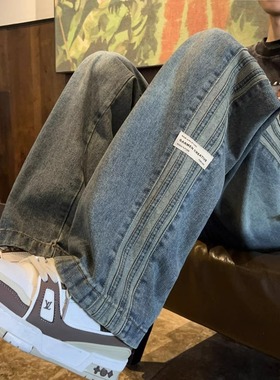 条纹美式复古牛仔裤男春秋新款高街松紧腰宽松休闲男士直筒长裤子