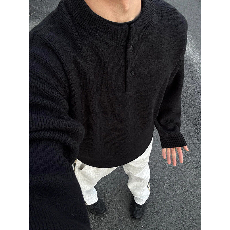 黑色亨利领毛衣男款慵懒风