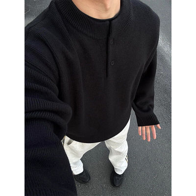 黑色亨利领毛衣男款慵懒风