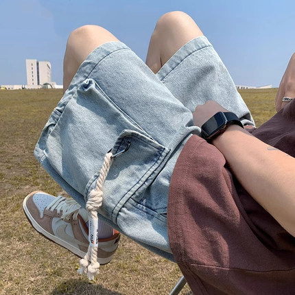 美式复古工装牛仔短裤男生夏季薄款大口袋青少年宽松休闲五分裤子