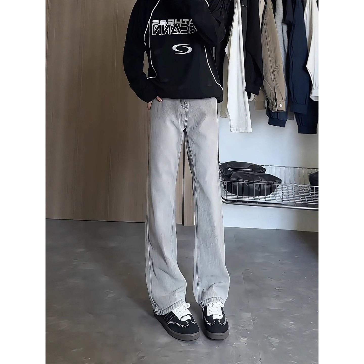 烟灰色微喇牛仔裤男款美式高街