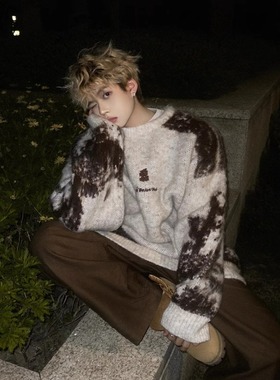 美式复古圆领撞色毛衣男女秋冬季慵懒风少年感高街宽松针织衫外套