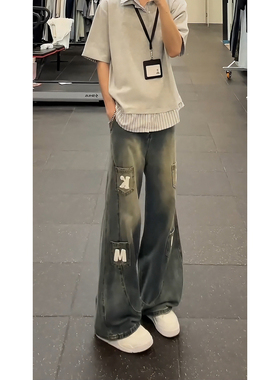 美式高街字母牛仔裤男春秋新款vibe工装显高显腿长直筒弯刀长裤子
