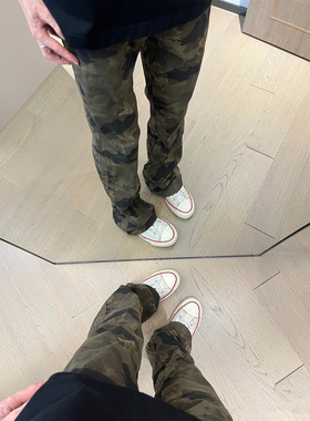 美式高街迷彩牛仔裤男女cleanfit痞帅修身显瘦直筒伐木工装微喇裤