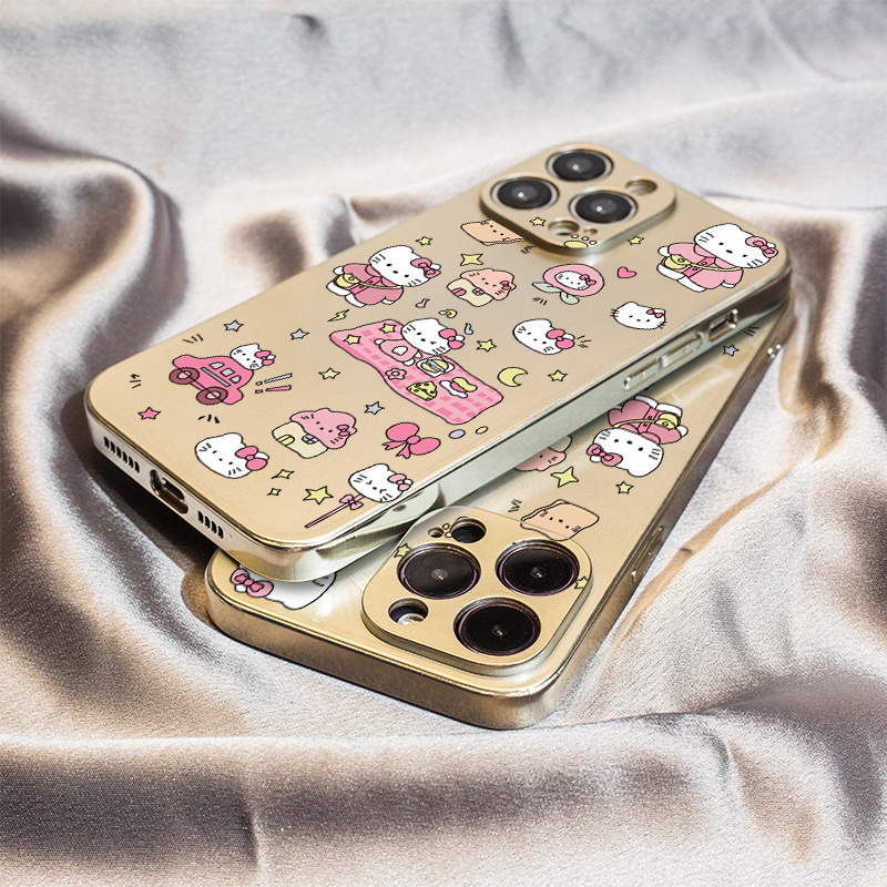 满屏幕KT猫适用苹果16保护套14plus电镀银iPhone15手机壳xs11全包xr情侣6s高级7g8新款12mini女se2软13promax