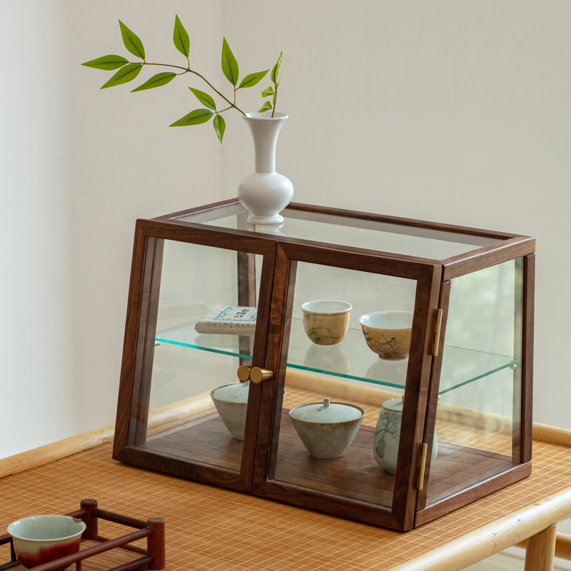 茶器收纳柜玻璃茶具展示柜黑胡桃木桌面实木柜子置物架杯具茶器柜