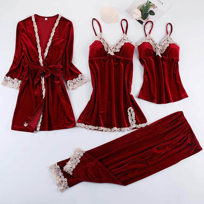 金丝绒睡衣女春秋冬性感睡袍吊带胸垫睡裙长袖蕾丝家居服四件套装,女士内衣/男士内衣/家居服,睡袍/浴袍,淘宝优惠券,粉丝福利购,淘宝优惠卷