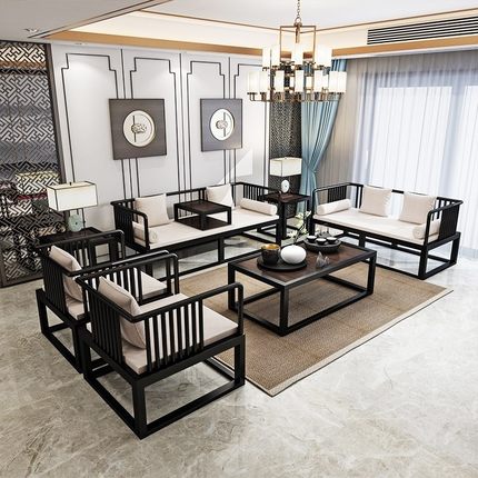 新中式铁艺沙发茶几组合现代简约仿实木禅意办公室套装会客接待室