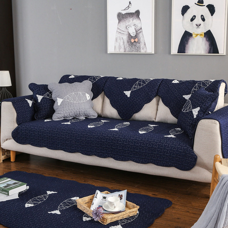 棉布水洗绣花鱼沙发 斜纹布艺简约三人沙发罩套巾