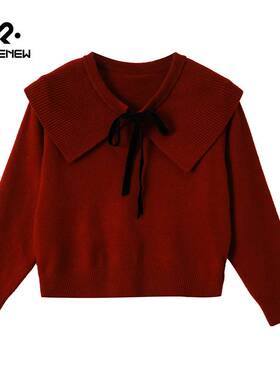 凡人优品娃娃领蝴蝶结系带毛衣红色针织衫百搭显瘦上衣年货款M040