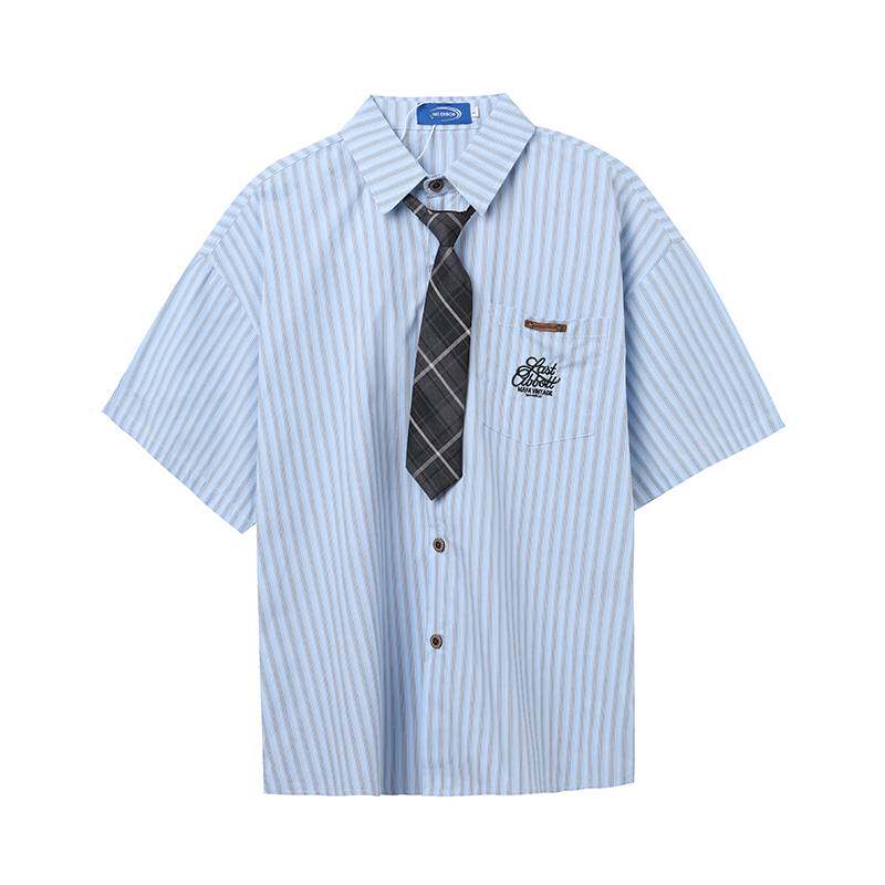 学院风复古条纹短袖宽松衬衫女