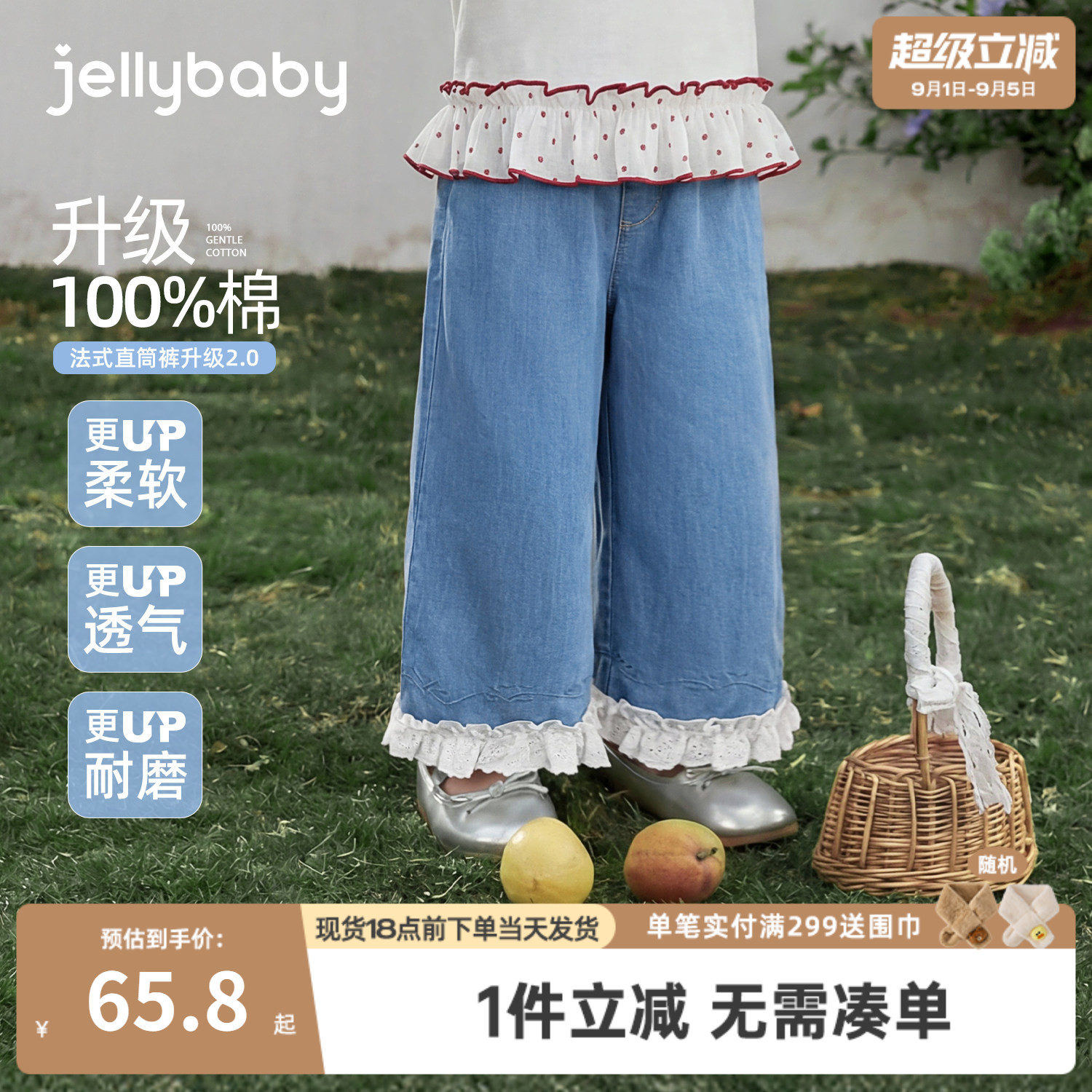 [100%棉]女童牛仔裤夏季儿童裤子薄款小童长裤纯棉女孩宝宝直筒裤图片