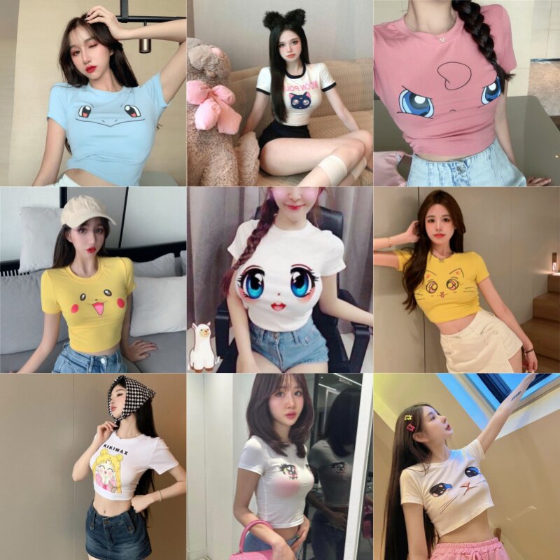 皮卡丘t恤杰尼龟3d紧身撩汉女生同款显胸大外穿女装抹胸上衣社会