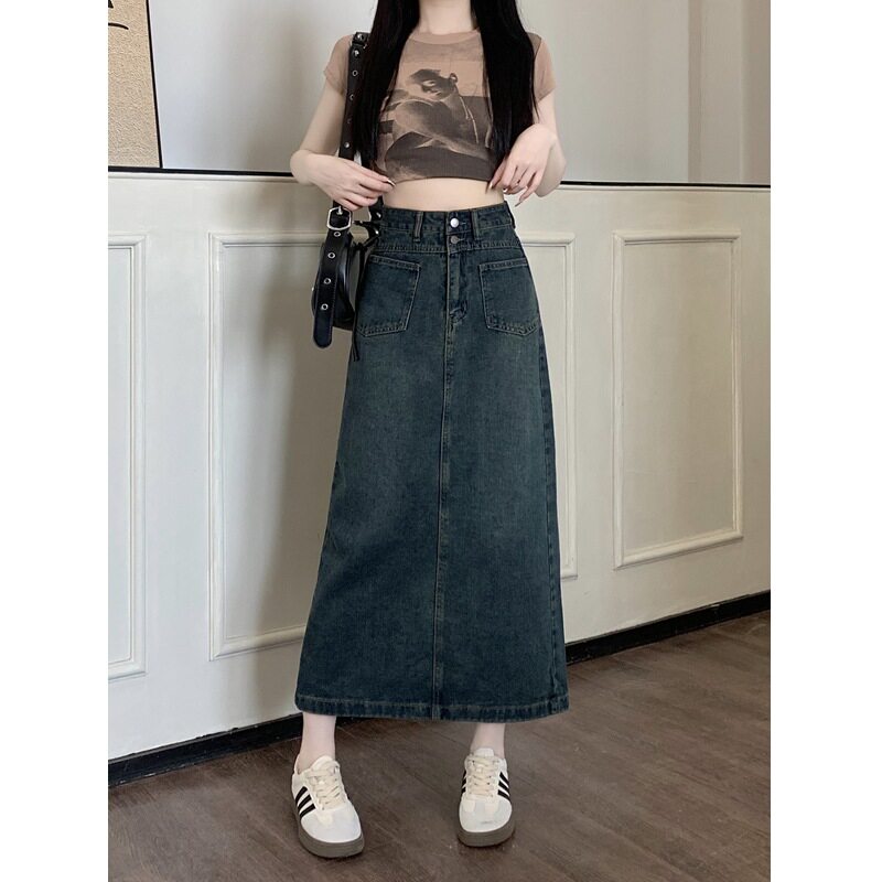 大码复古开叉牛仔半身裙女2024新款a字高腰遮胯梨型身材中长裙子