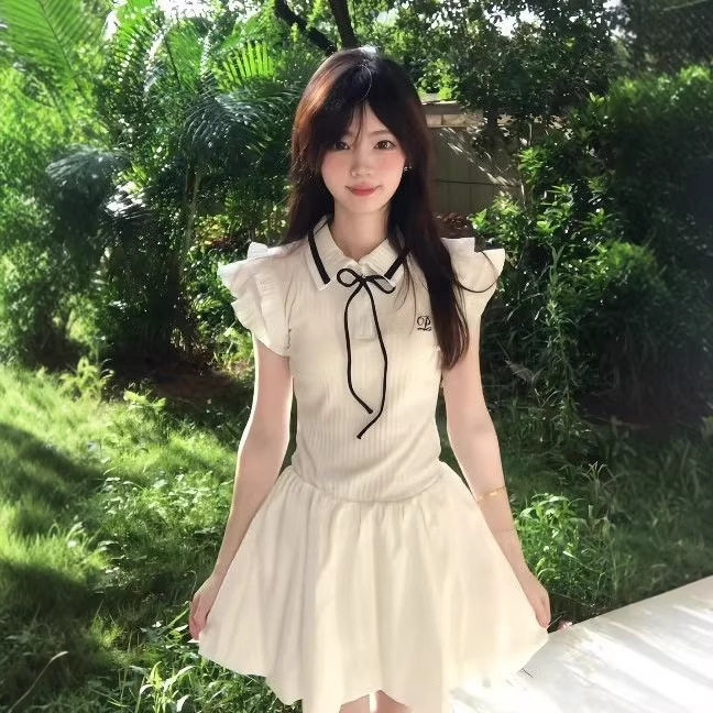 法式学院风蝴蝶结系带连衣裙子女夏季初恋公主裙掐腰显瘦蓬蓬短裙