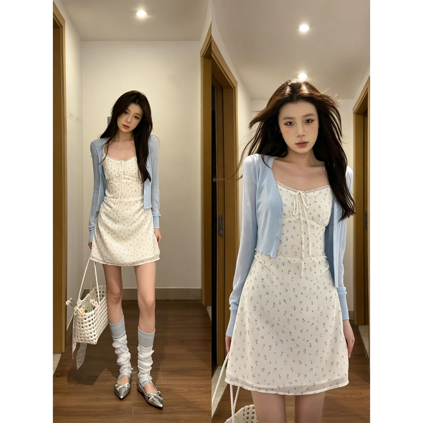 白色碎花吊带连衣裙女a字短裙夏日独特漂亮小裙子加开衫两件套装图片