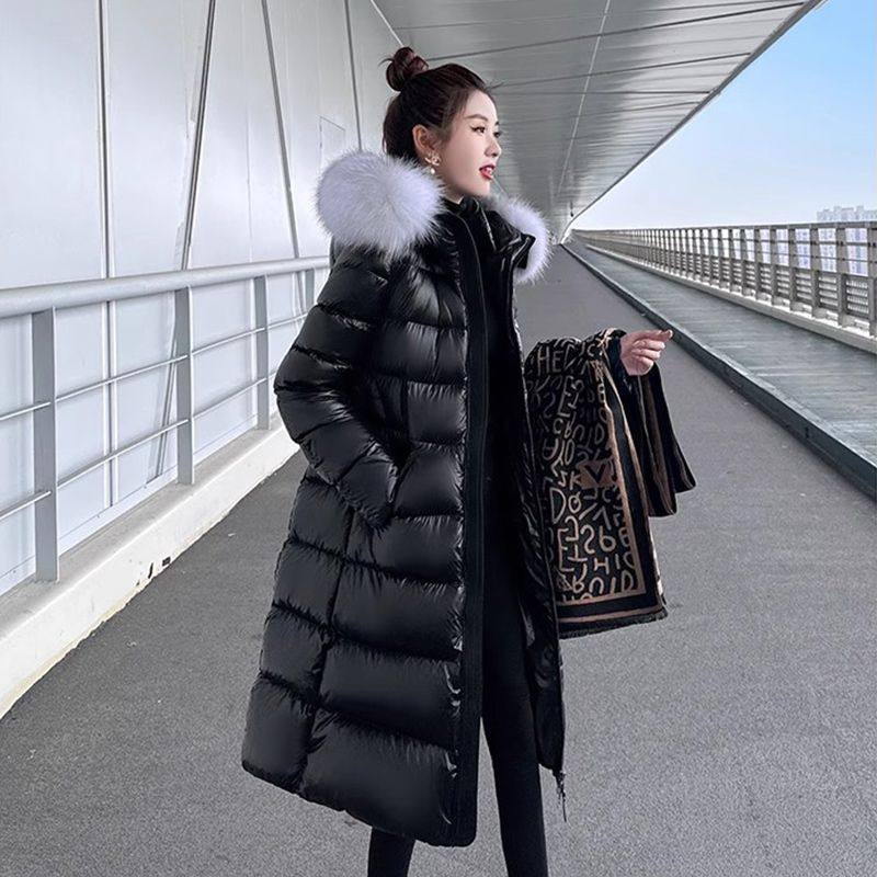 黑金羽绒棉服女长款过膝修身显瘦加厚大毛领韩版棉衣大码棉袄外套