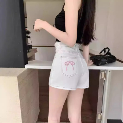辣妹口袋刺绣牛仔短裤女新款高腰大码胖mm显瘦a字超短裤紧身热裤